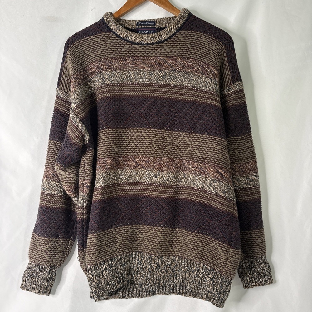 Vtg 90s GANT L Hand Framed Cotton Knit Cotton Sweater Grandpacore Earth Tones
